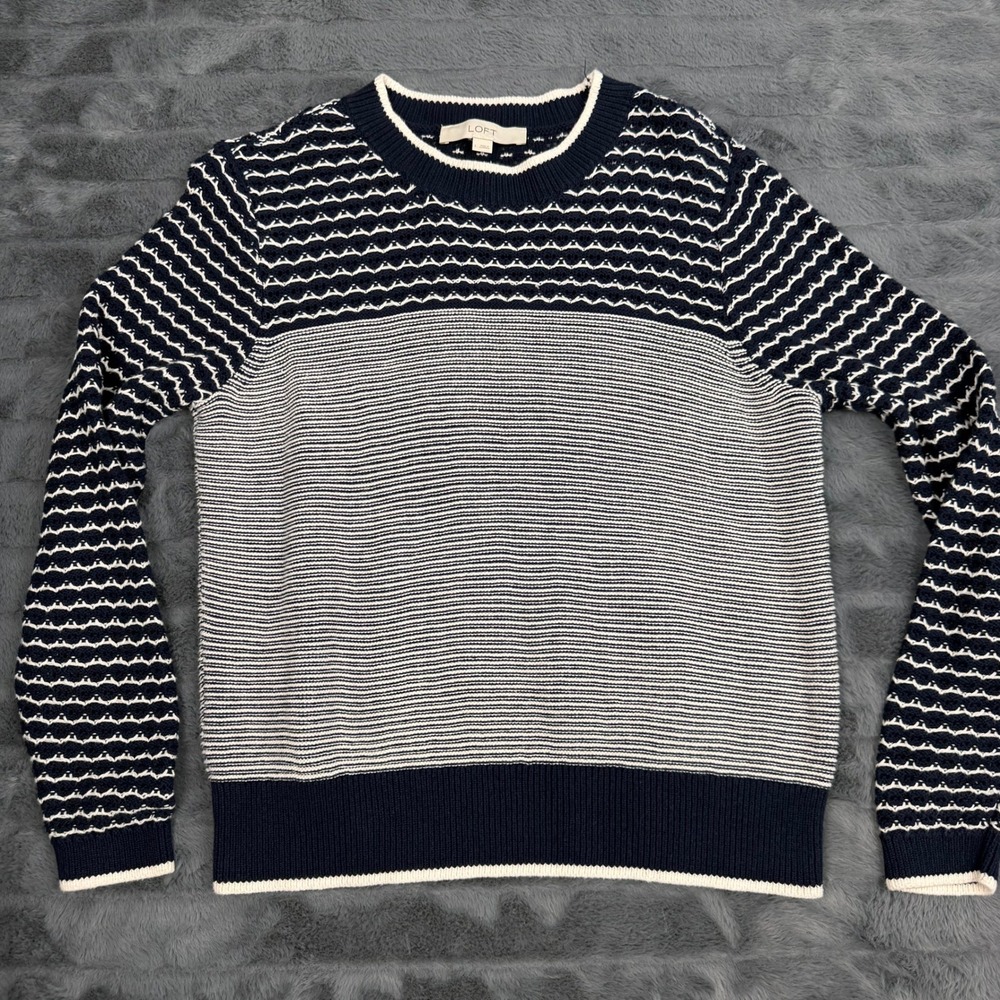 LOFT Womens Navy White Striped Mixed Knit Cotton Crew Neck Sweater Large
